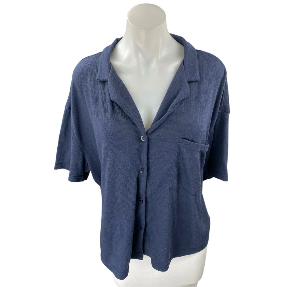Tahari Women's Navy Blue Knit Short Sleeve Pocket Button Up Shirt Top Size L